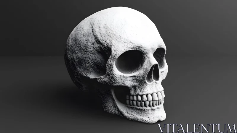 Realistic white human skull on dark background, digital 3D render.