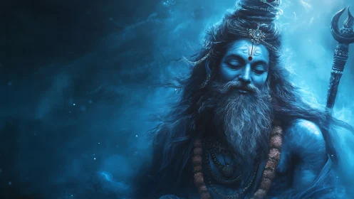 Blue meditative deity glows within swirling cosmic mist.