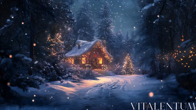 Snow-laden forest cabin with warm holiday lighting at dusk