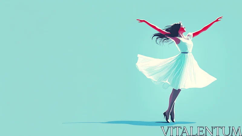 Woman in white dress stands with outstretched arms on cyan field