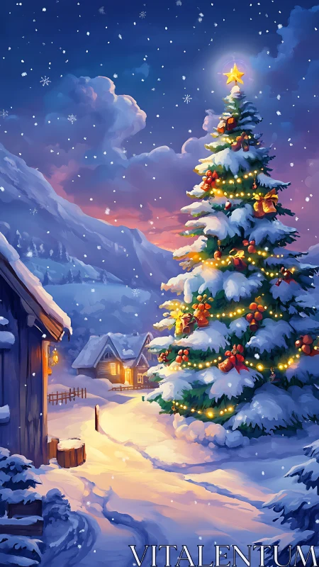 Cozy snowy village glowing around a magical Christmas tree.
