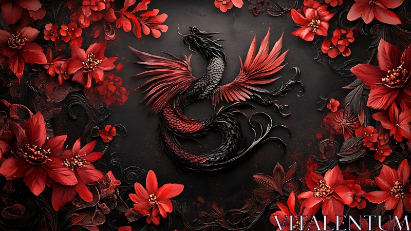 Crimson dragon rises amid ornate red floral blossoms.