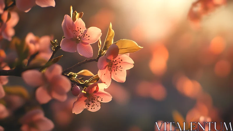 Pink Blossoms on Branch with Backlighting