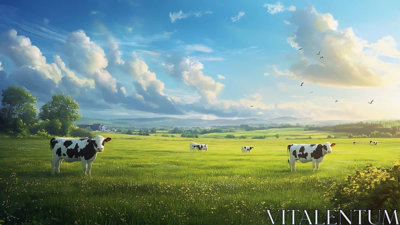 Cows graze under expansive summer sky on lush green meadow