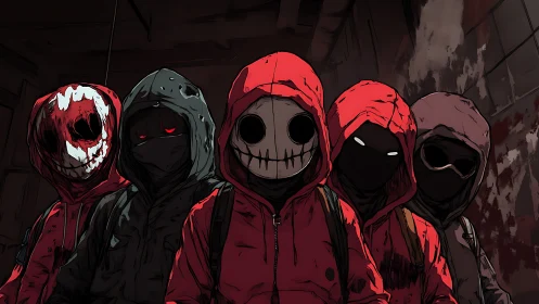 Hooded mischief crew in a dark, haunted urban hallway.