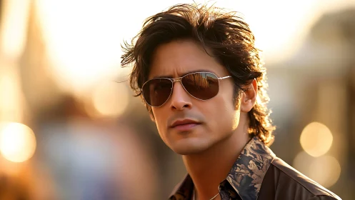Sunlit male portrait with aviator sunglasses and bokeh glow.