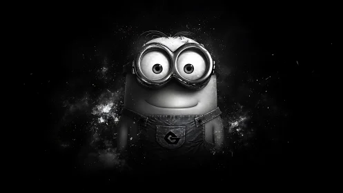 Minion character rendered in monochrome on dark space background
