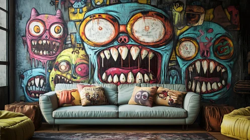 Playful monster mural roaring over cozy modern sofa.