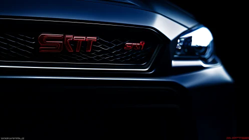 Sport sedan grille glows with bold red performance emblem.