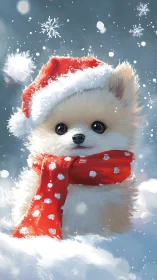 Festive Pomeranian puppy in snowy Christmas wonderland scene.