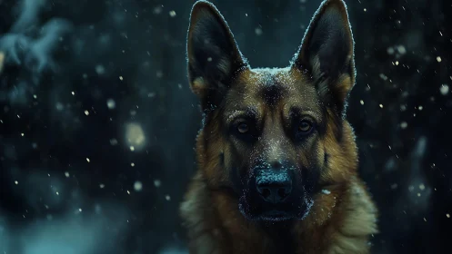 Snow-dusted shepherd gazing through cinematic winter night.