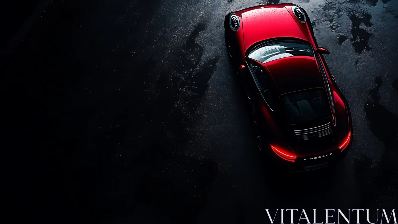 Red performance coupe captured in dramatic low-key overhead.