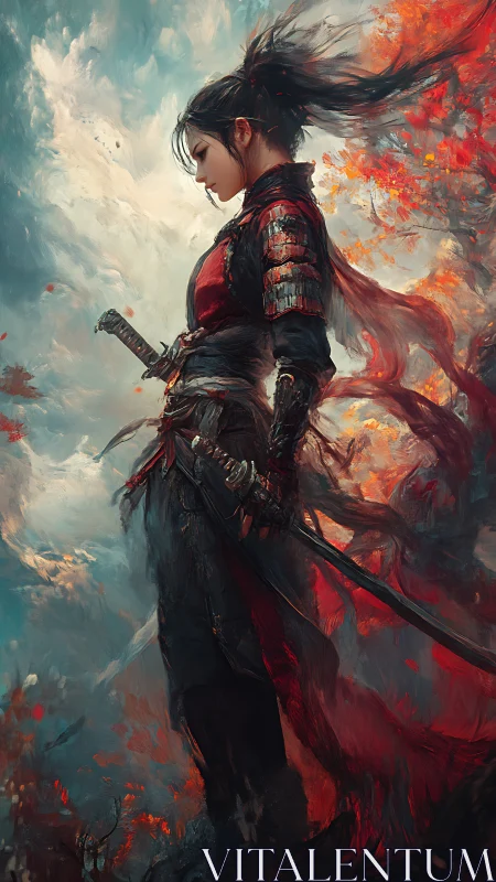 Side view shows armored swordswoman in turbulent painted scene