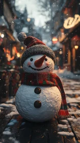 Cozy snowman friend brightening a softly lit winter street.