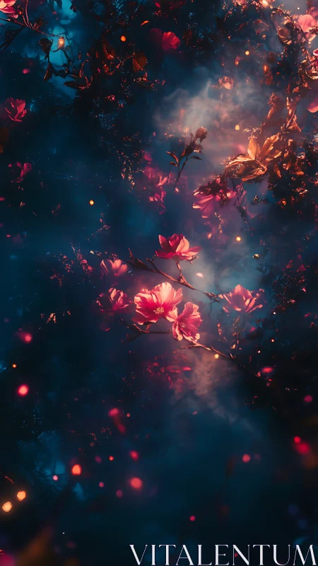Enchanted crimson blossoms in luminous twilight haze.
