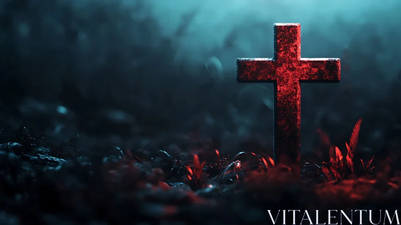 Red stone cross glowing over dark misty ground at night.