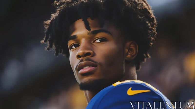 Stadium-lit football portrait with focused sidelong gaze.