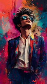 Stylized portrait of man in suit amid vivid paint splashes.