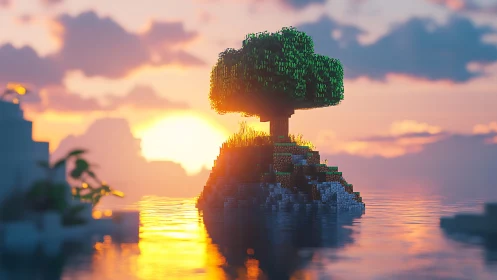 Pixelated tree island at sunset with golden water reflection.