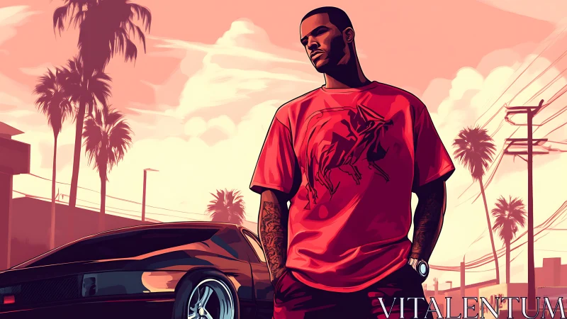 Urban street driver stands by car in bold sunset light.