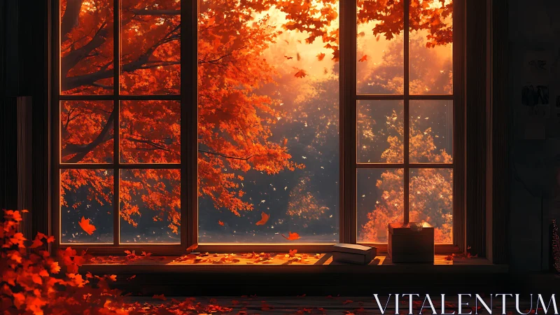 Window view of dense autumn foliage with interior objects.