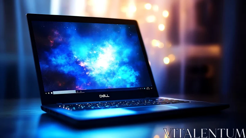 Sleek laptop computer with backlit keyboard under blue nebula display