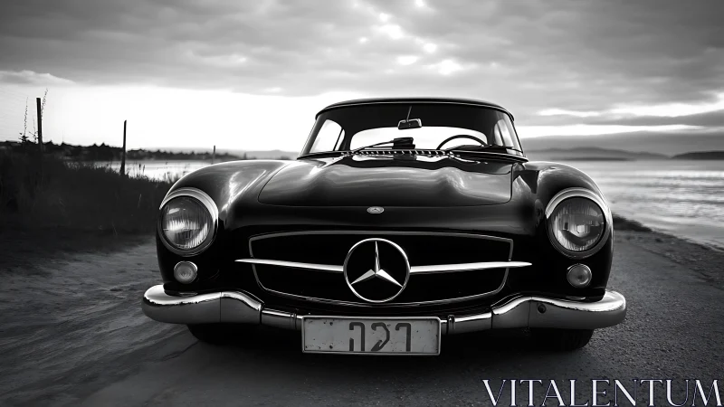 Classic black coupe resting by a quiet waterside road.