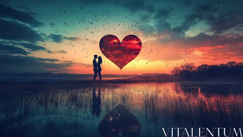 Silhouetted couple at sunset with glowing heart