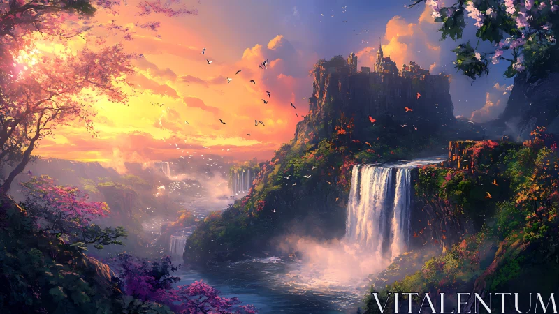 Sunlit fantasy citadel overlooks cascading multi-tier waterfalls