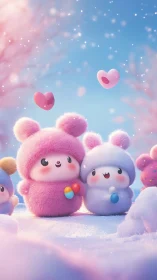 Fluffy Companions with Floating Hearts in Snowy Fantasy Landscape