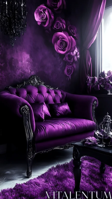 Velvet amethyst parlor with roses and gothic glamour glow.