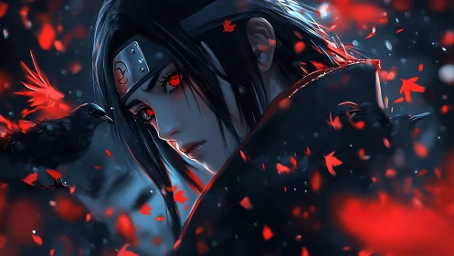Brooding anime warrior among crows and falling red leaves.
