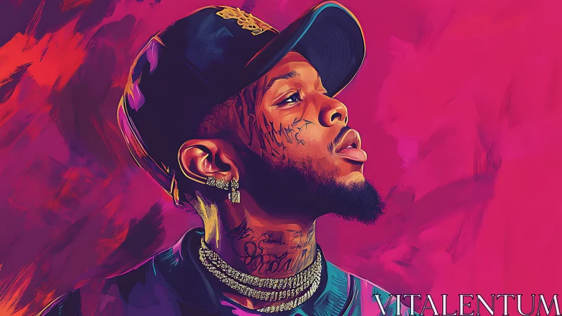 Vibrant digital portrait of tattooed man in cap against pink field