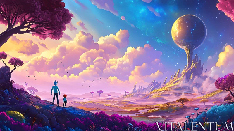 Spectral alien valley with levitating planetary sphere at dusk.