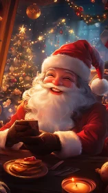 Smiling Santa savors hot cocoa by a glowing Christmas tree