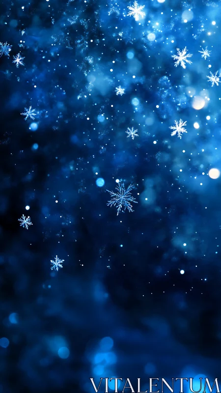 Glowing crystalline snowflakes drifting through deep blue night.