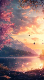 Sunlit mountain lake glows under a dreamy pastel sky