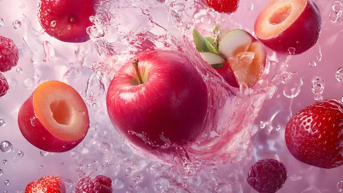 Vivid red fruits splashing in pink water background.