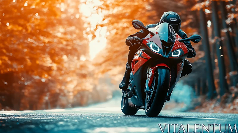 Sport motorcycle carving forest road with autumn glow.