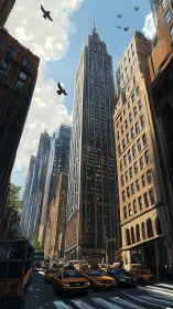 Sunlit skyscrapers rise above a bustling yellow taxi avenue