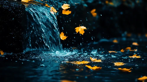 Autumn leaves drift beside small waterfall at night.