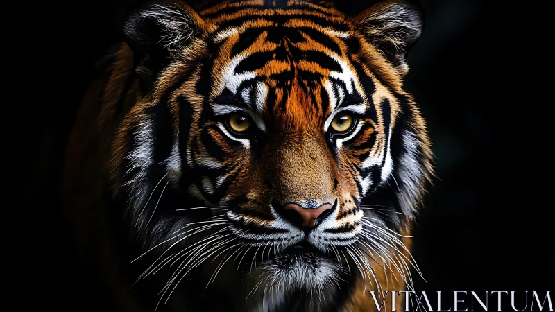 Tiger portrait fills frame with piercing golden gaze