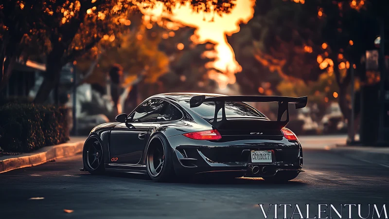 Lowered black Porsche 911 GT3 waits under warm sunset glow