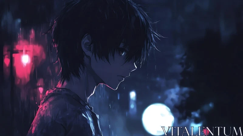 Solitary boy walks through neon rain in a moody night street