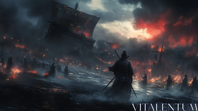 Samurai warriors advance through burning coastal warships at dusk
