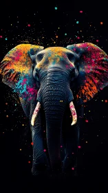 Color-splashed elephant portrait on deep black canvas.