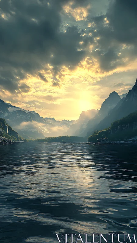 Sunlit mountain fjord with reflective water at dusk.