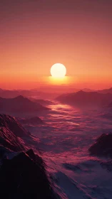 Sunset over stylized mountains and misty valley landscape.