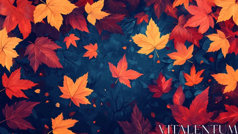 Autumn maple foliage on deep teal forest floor, high saturation