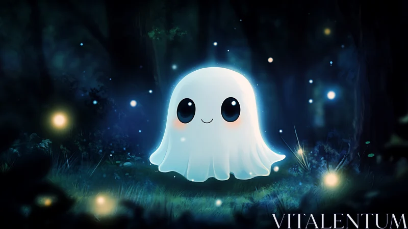 Cartoon ghost character glows softly in a dark forest